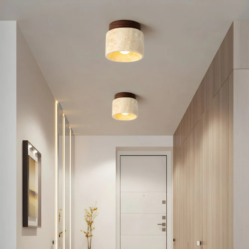 Cylindrical Ceiling Light Fixture with Wooden Accent | Japanese Design for Warm Atmosphere