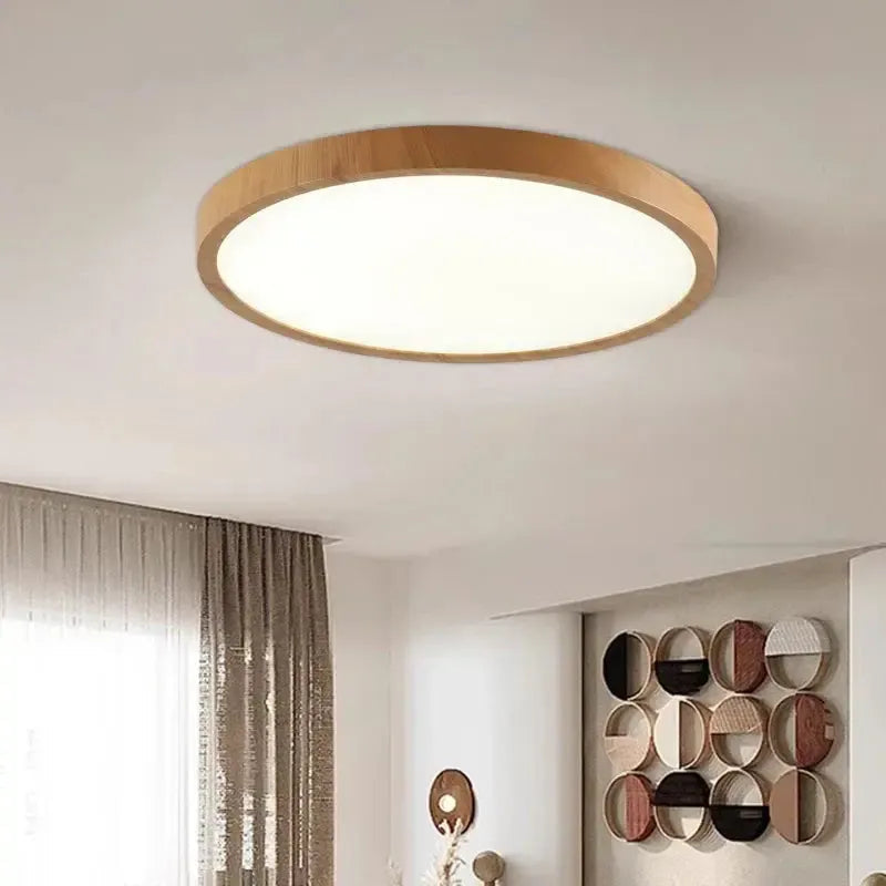 Modern LED Ceiling Light Fixture with Ultra-Thin Design & Wooden Finish for Cozy Ambiance