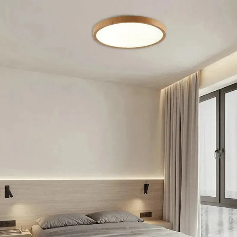 Modern LED Ceiling Light Fixture with Ultra-Thin Design & Wooden Finish for Cozy Ambiance