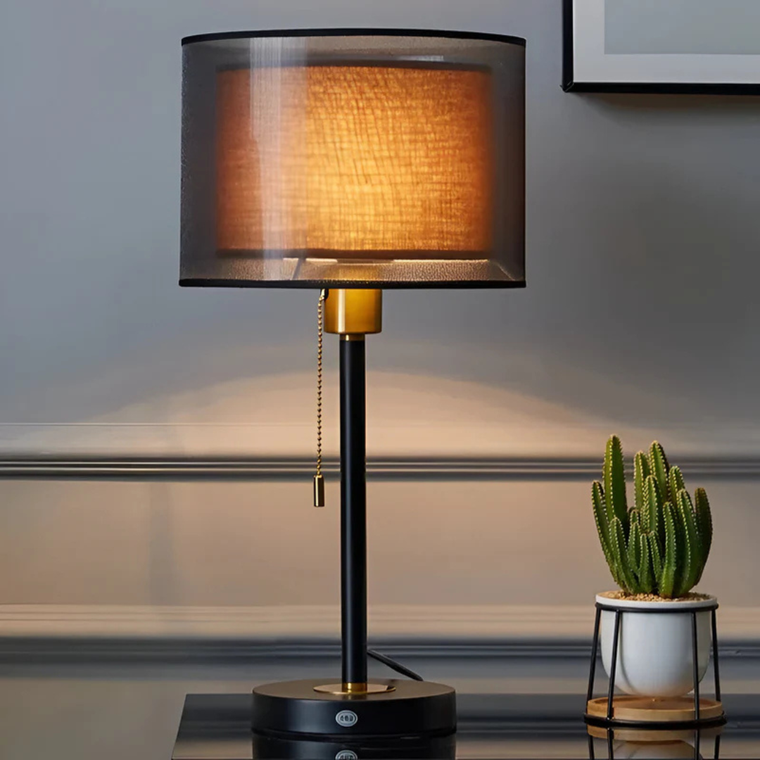 Vintage Table Lamp with Double Fabric Shade - Cozy Bedroom & Living Room Lighting