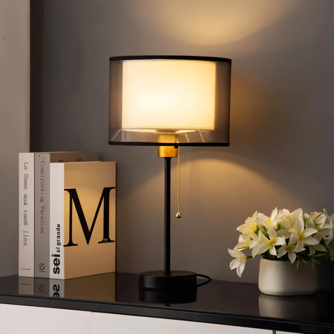 Vintage Table Lamp with Double Fabric Shade - Cozy Bedroom & Living Room Lighting