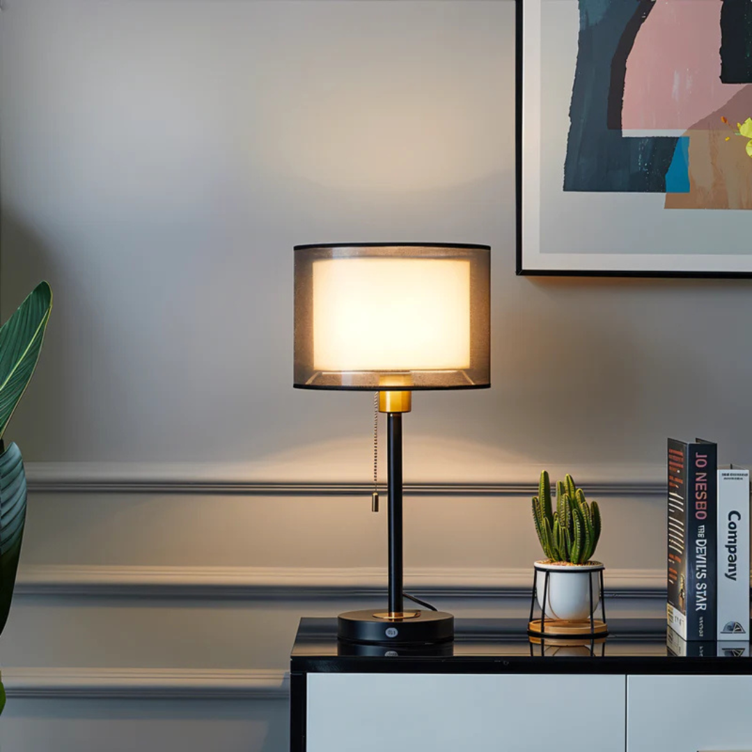 Vintage Table Lamp with Double Fabric Shade - Cozy Bedroom & Living Room Lighting