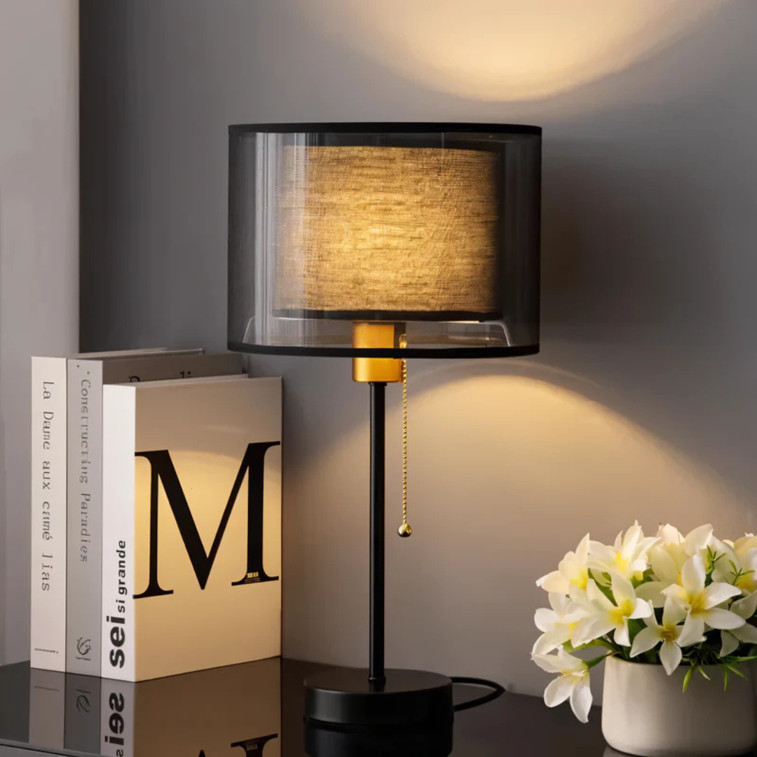 Vintage Table Lamp with Double Fabric Shade - Cozy Bedroom & Living Room Lighting
