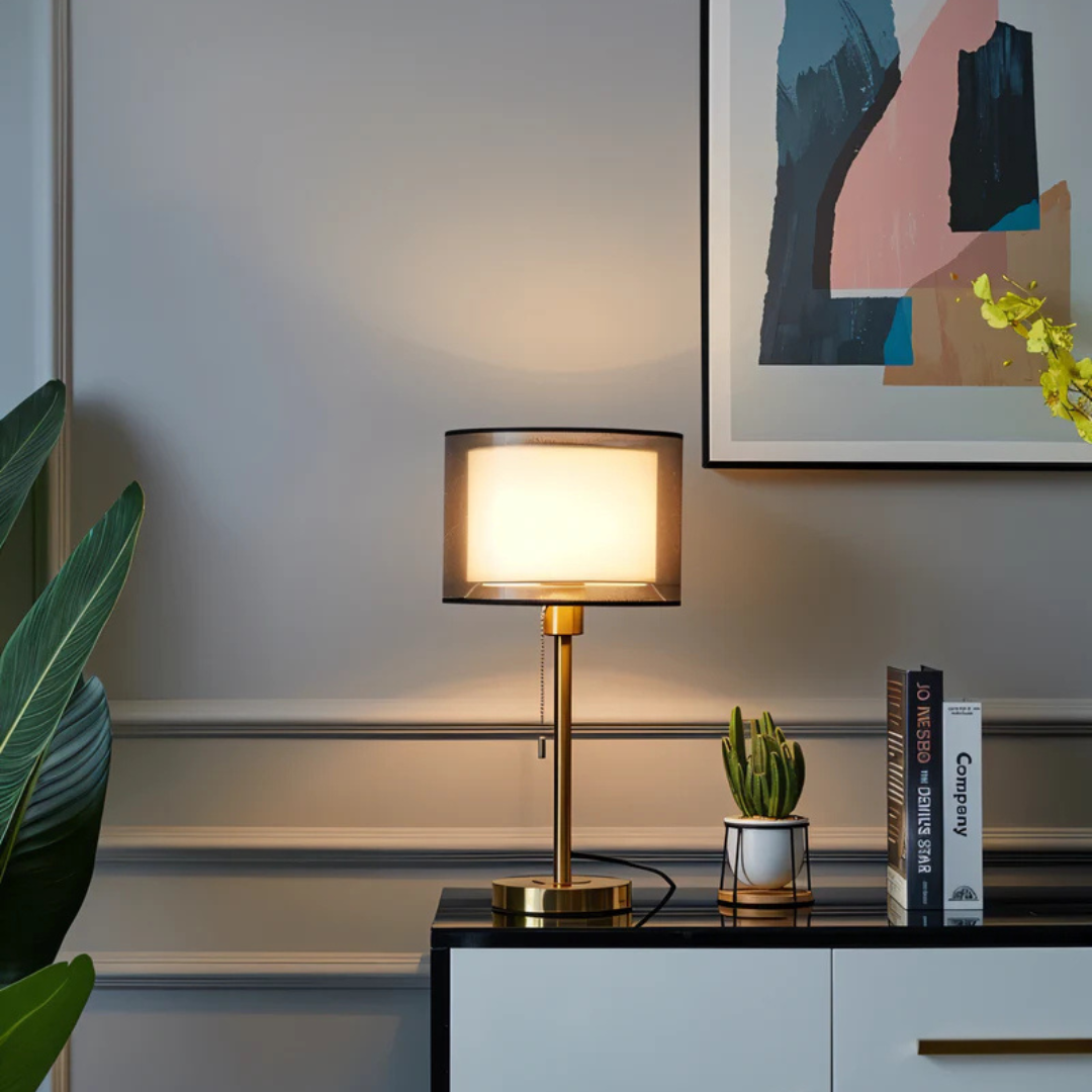 Vintage Table Lamp with Double Fabric Shade - Cozy Bedroom & Living Room Lighting
